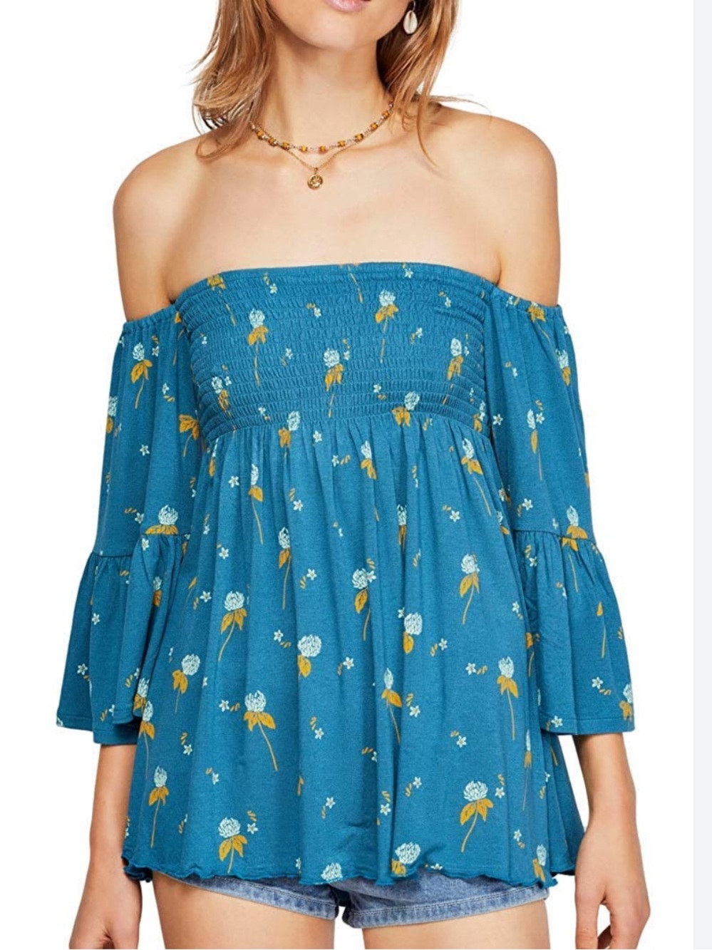 Free People Smocked Top L Blue Floral Off Shoulder Boho Festival Retro
